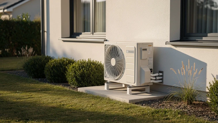 Unite exterieure de pompe a chaleur air-eau installee dans le jardin d'''une maison moderne