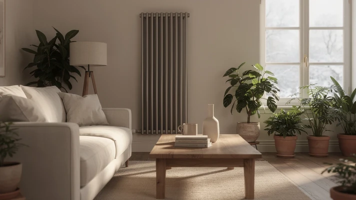Salon cosy en hiver avec radiateur vertical moderne et lumiere naturelle