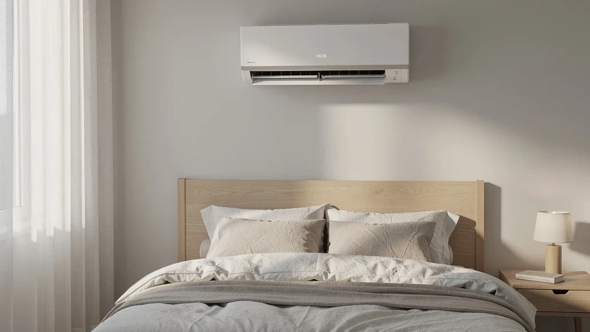 Climatiseur split blanc mural au-dessus d'''un lit dans une chambre lumineuse