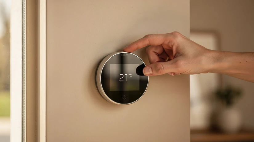 Main reglant un thermostat connecte rond et minimaliste fixe sur un mur beige