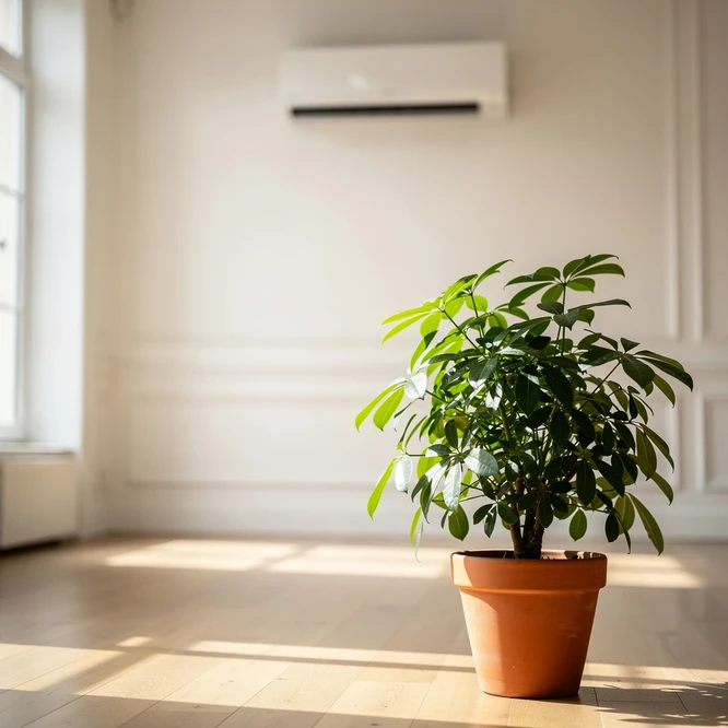 Plante verte en pot terracotta devant un climatiseur split mural dans un appartement clair