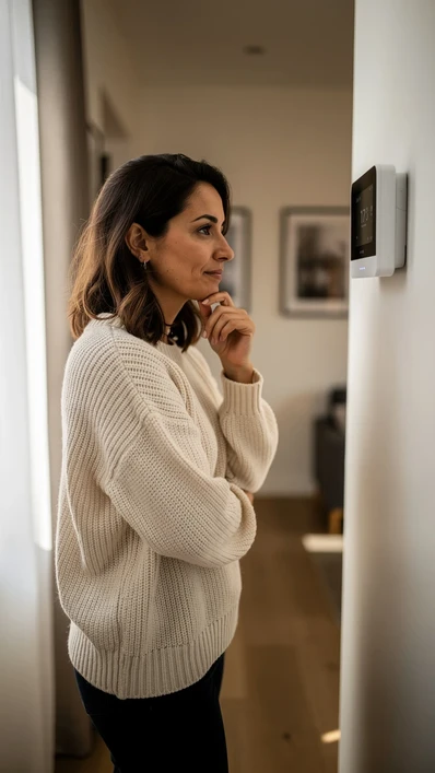 Femme en pull beige reglant attentivement un thermostat connecte dans son couloir