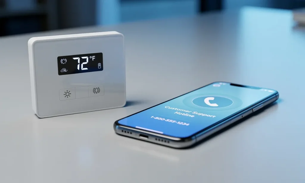 Panneau de commande de climatisation moderne et smartphone affichant une hotline d’assistance posés sur un bureau éclairé d’une lumière bleutée.