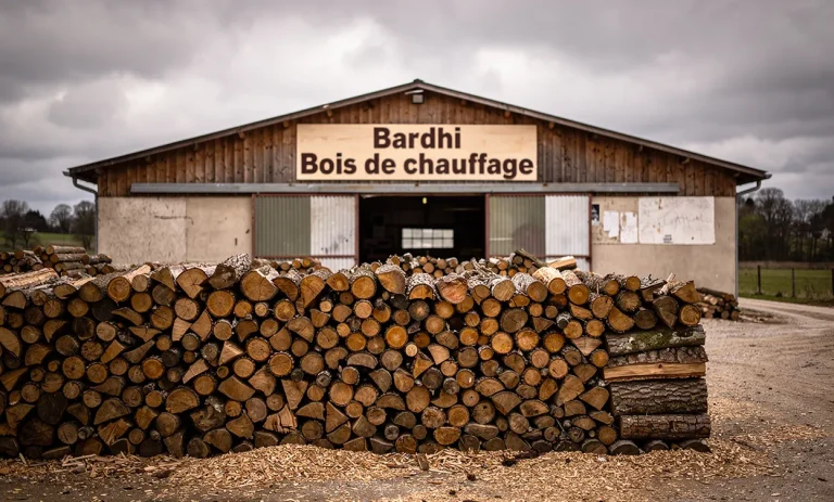 Des bûches de bois soigneusement empilées devant un petit entrepôt rural portant l’enseigne Bardhi Bois de chauffage sous un ciel nuageux.