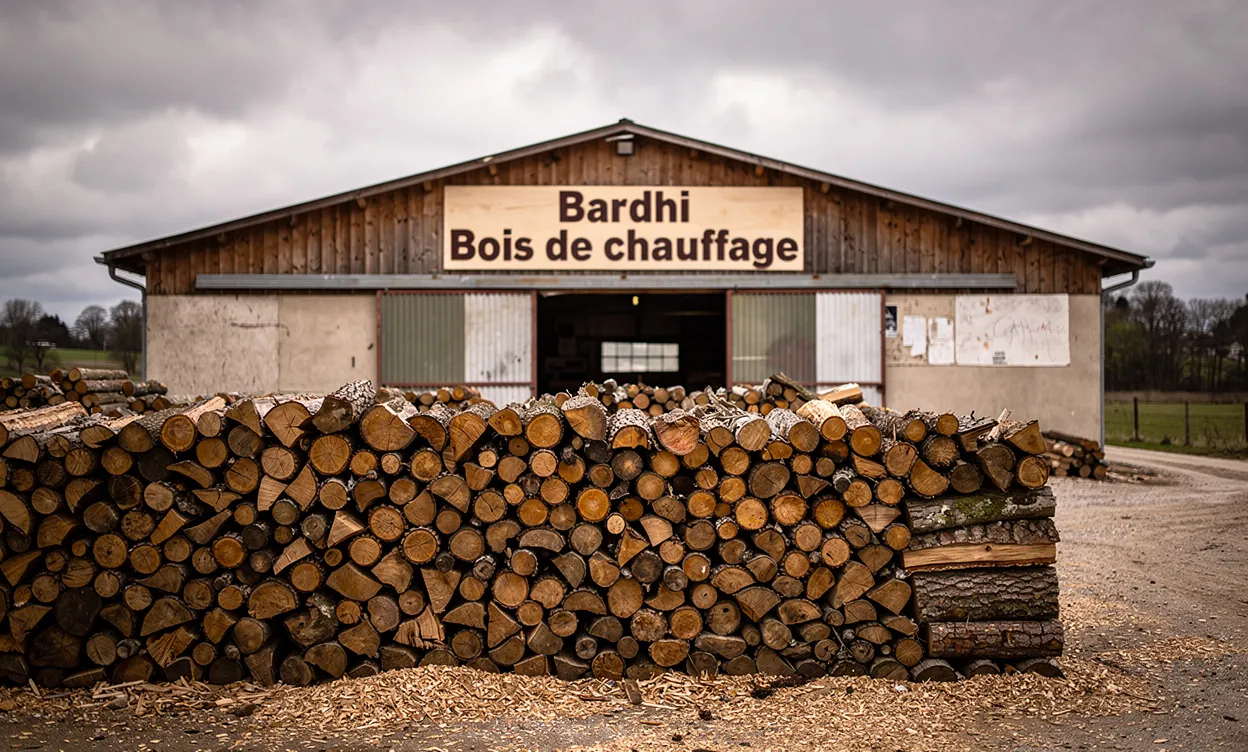 Des bûches de bois soigneusement empilées devant un petit entrepôt rural portant l’enseigne Bardhi Bois de chauffage sous un ciel nuageux.