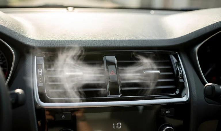 Vue intérieure d’une voiture montrant des bouches d’aération diffusant une brume fraîche, un horloge digitale sur le tableau de bord et de la lumière naturelle passant par le pare-brise.