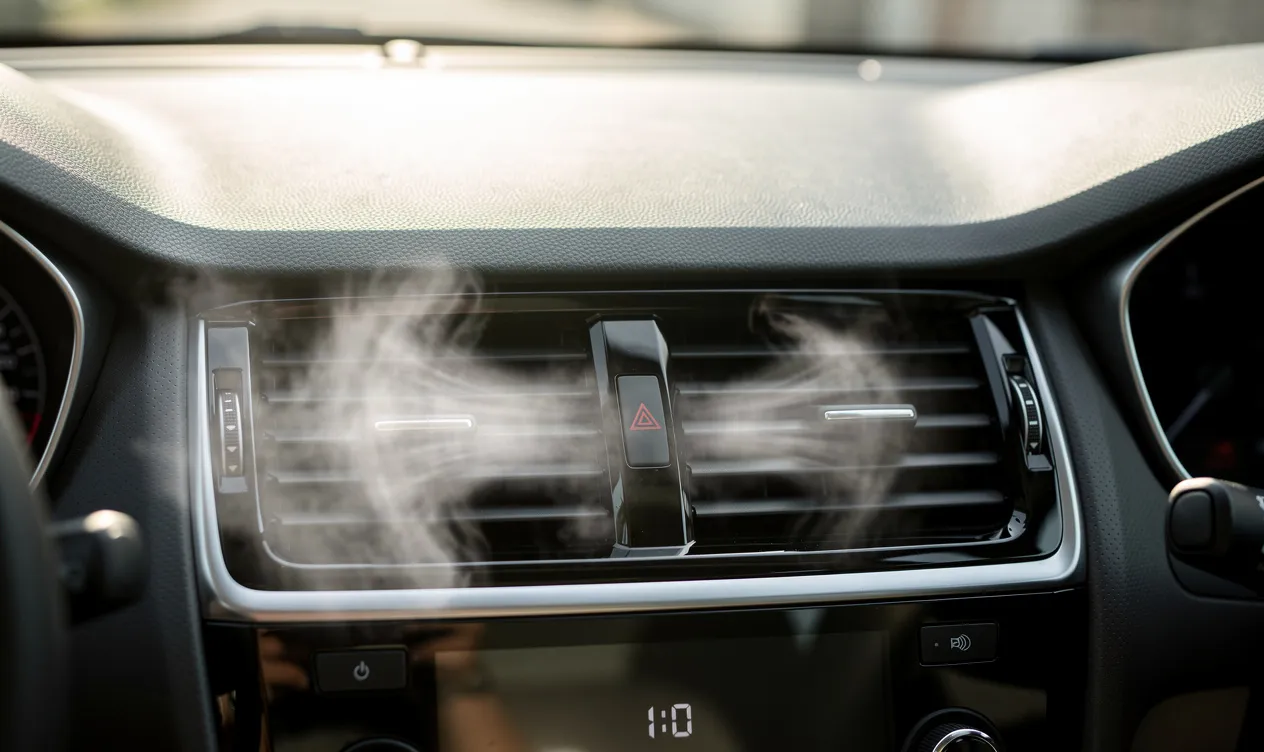 Vue intérieure d’une voiture montrant des bouches d’aération diffusant une brume fraîche, un horloge digitale sur le tableau de bord et de la lumière naturelle passant par le pare-brise.