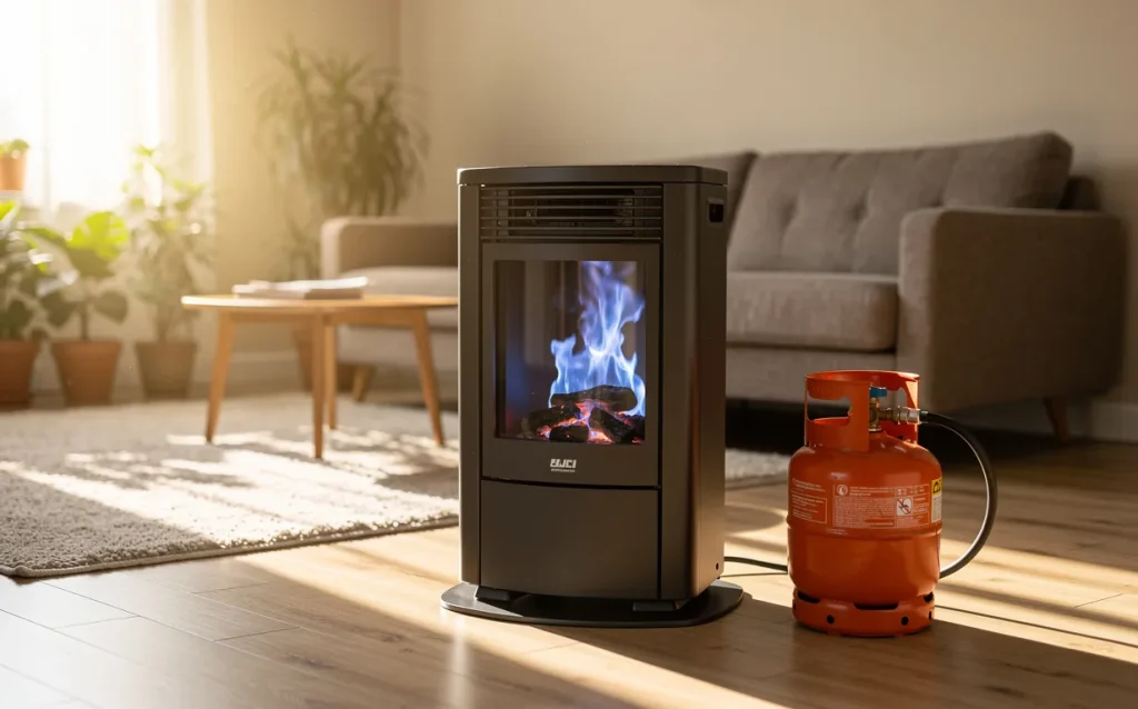 Un chauffage à gaz butane moderne avec flammes bleues visibles est posé dans un salon lumineux, à côté d'une bouteille de gaz.