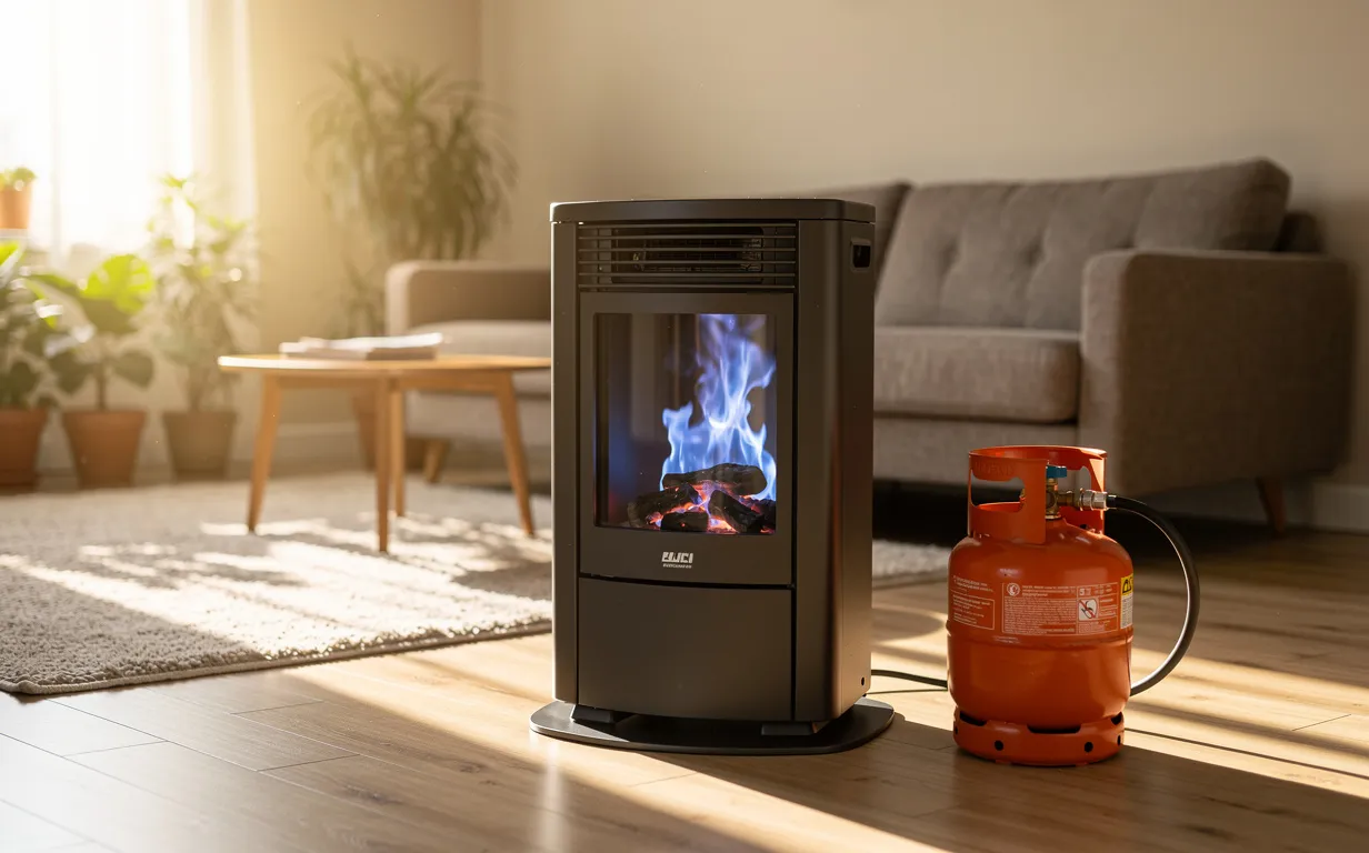 Un chauffage à gaz butane moderne avec flammes bleues visibles est posé dans un salon lumineux, à côté d'une bouteille de gaz.