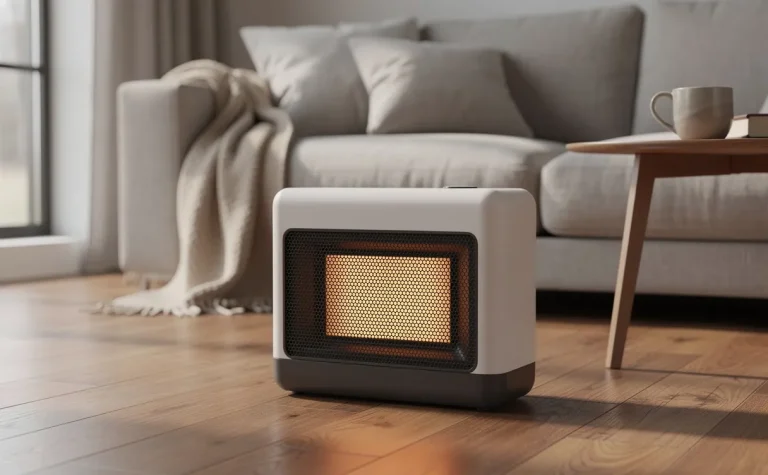 Un radiateur en céramique moderne repose sur un plancher en bois dans un salon chaleureux, diffusant une lueur douce.