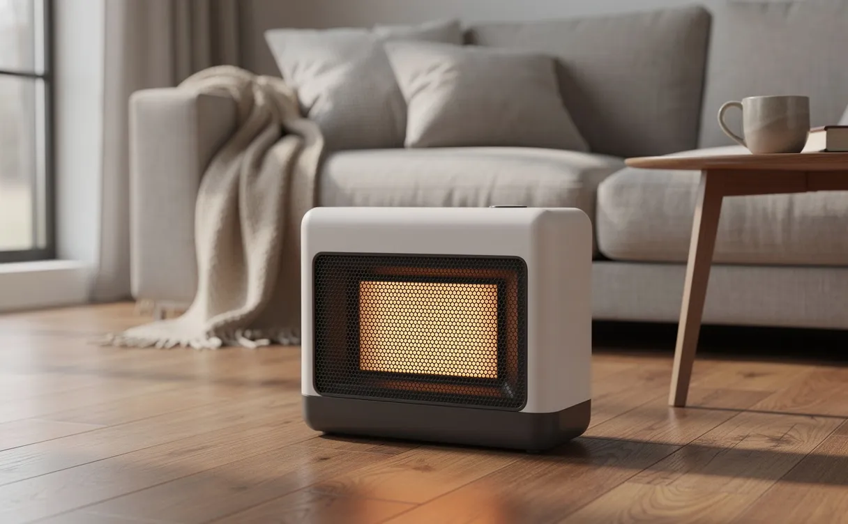 Un radiateur en céramique moderne repose sur un plancher en bois dans un salon chaleureux, diffusant une lueur douce.