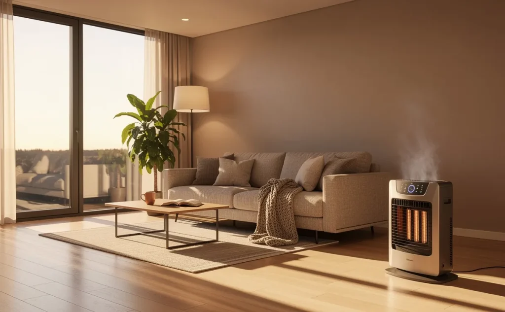 Un salon moderne éclairé par la lumière du soleil où un petit chauffage d’appoint diffuse une douce chaleur.