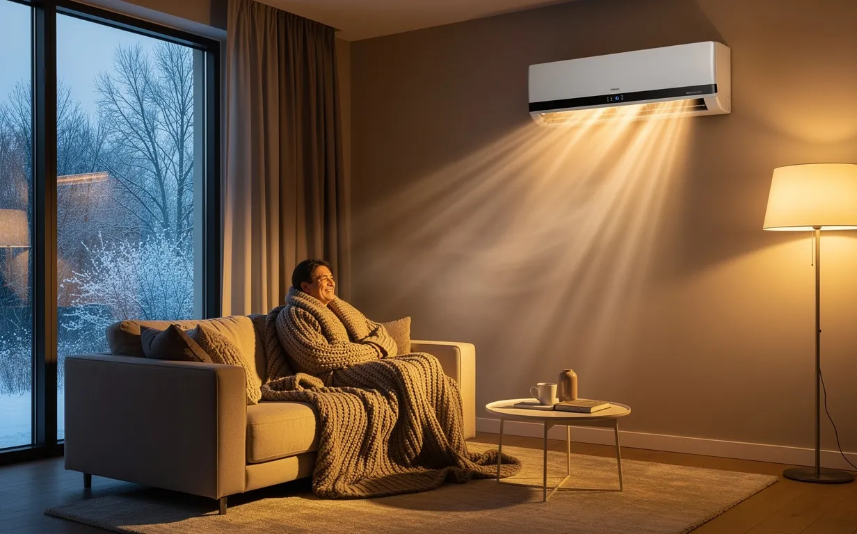 Un climatiseur moderne diffuse de l’air chaud dans un salon où une personne, emmitouflée dans une couverture, est assise près d’une fenêtre donnant sur un paysage hivernal.