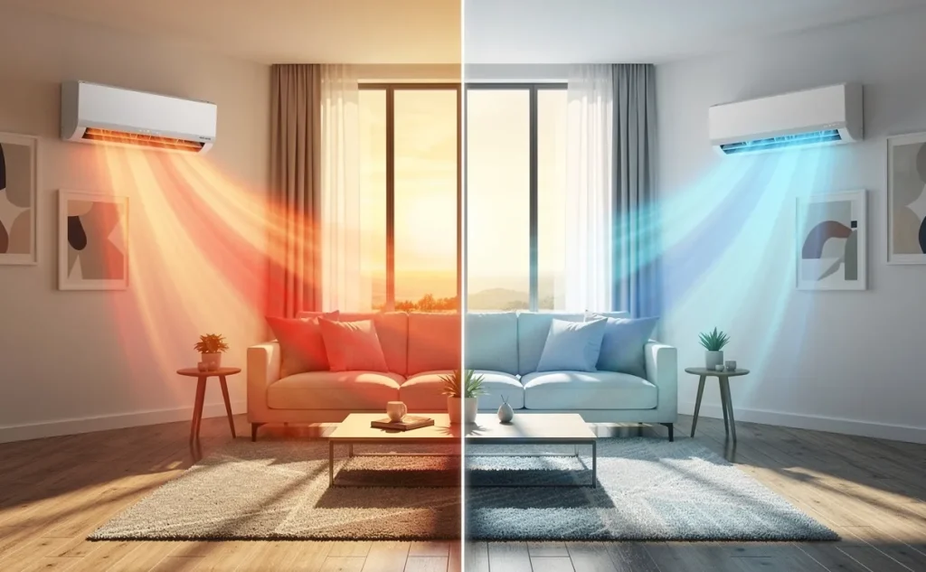 Salon moderne partagé en deux, avec une pompe à chaleur murale soufflant de l’air chaud d’un côté et de l’air frais de l’autre, baigné de lumière naturelle.