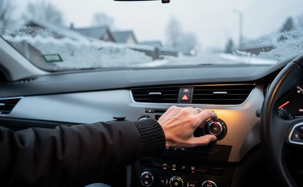 Un conducteur ajuste le bouton de température à l’intérieur d’une voiture par matin froid, avec de la buée sur les bords du pare-brise.