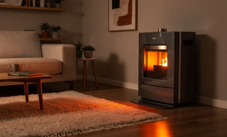 Un poêle à pétrole Qlima moderne diffuse une lueur orangée dans un salon élégant et bien éclairé.