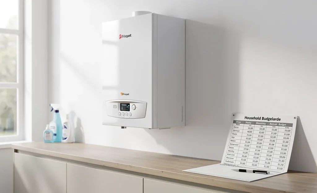 Chaudière Frisquet moderne à condensation installée dans une buanderie lumineuse avec une liste de prix et un calculateur de budget posés sur le comptoir.