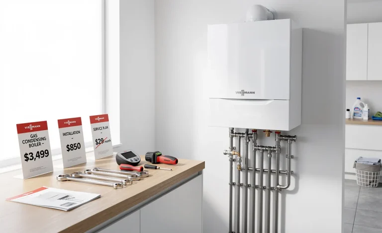 Chaudière gaz à condensation Viessmann installée dans une buanderie lumineuse avec étiquettes de prix sur un comptoir et outils rangés à proximité.