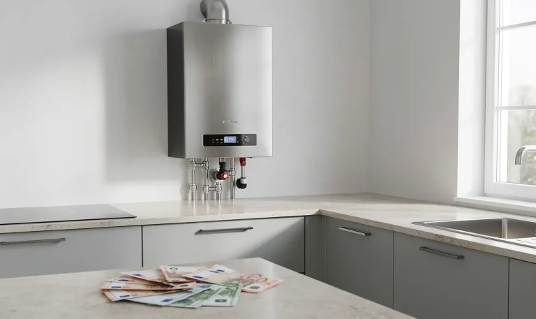 Un chauffe-eau mural moderne est installé dans une cuisine contemporaine, avec des billets en euros posés sur le plan de travail sous une lumière naturelle.