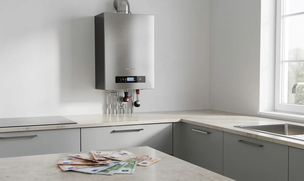 Un chauffe-eau mural moderne est installé dans une cuisine contemporaine, avec des billets en euros posés sur le plan de travail sous une lumière naturelle.