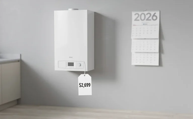 Chaudière à condensation moderne avec étiquette de prix dans une buanderie épurée, devant des pages de calendrier affichant 2026.