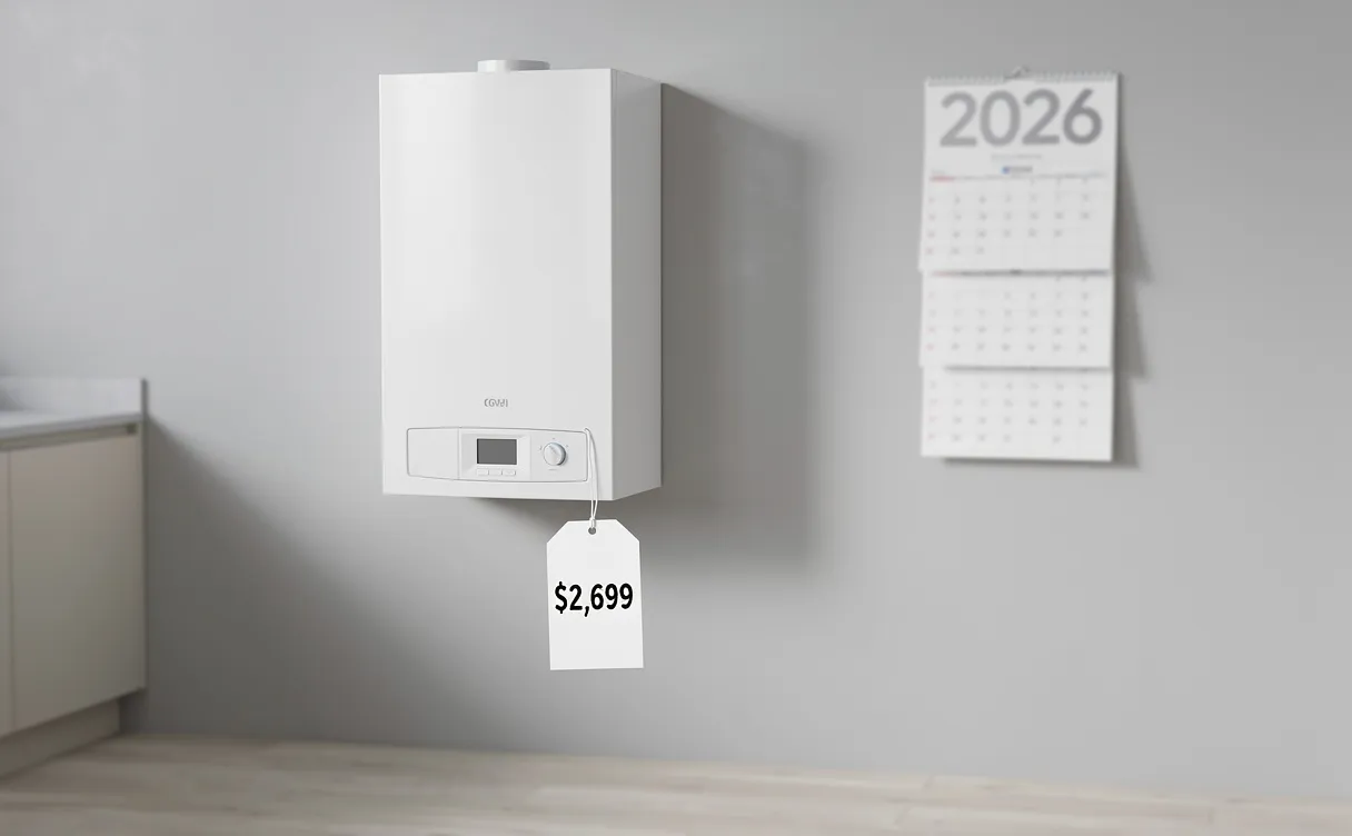Chaudière à condensation moderne avec étiquette de prix dans une buanderie épurée, devant des pages de calendrier affichant 2026.