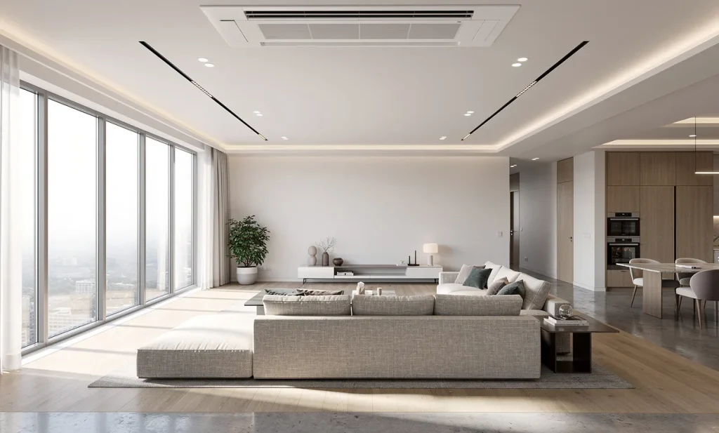 Un climatiseur gainable moderne est discrètement intégré au plafond d’un grand salon contemporain baigné de lumière naturelle.