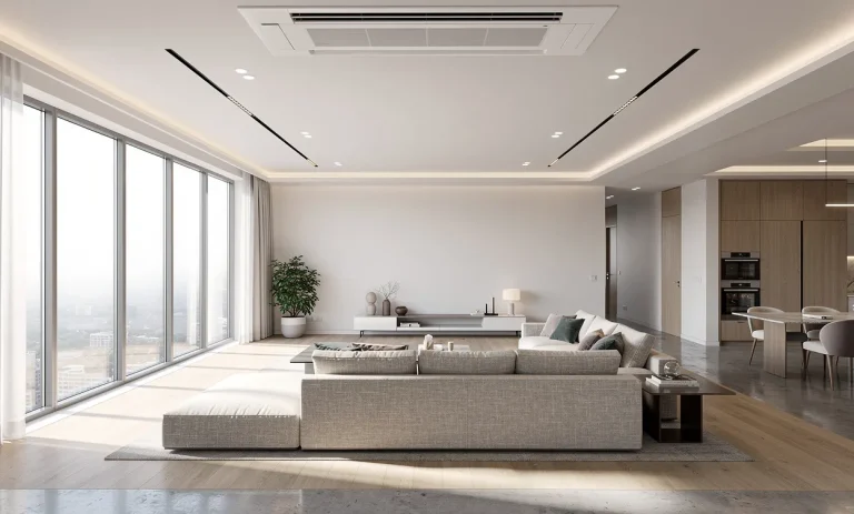 Un climatiseur gainable moderne est discrètement intégré au plafond d’un grand salon contemporain baigné de lumière naturelle.
