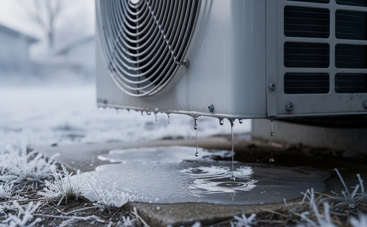 Un climatiseur extérieur laisse couler des gouttes d’eau sur un sol givré dans un paysage hivernal.