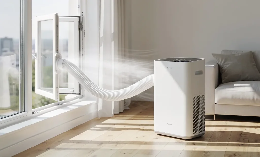 Un climatiseur mobile avec son tuyau d’évacuation dirigé vers une fenêtre ouverte dans une pièce moderne et lumineuse où la lumière du soleil entre.