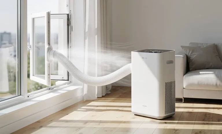 Un climatiseur mobile avec son tuyau d’évacuation dirigé vers une fenêtre ouverte dans une pièce moderne et lumineuse où la lumière du soleil entre.