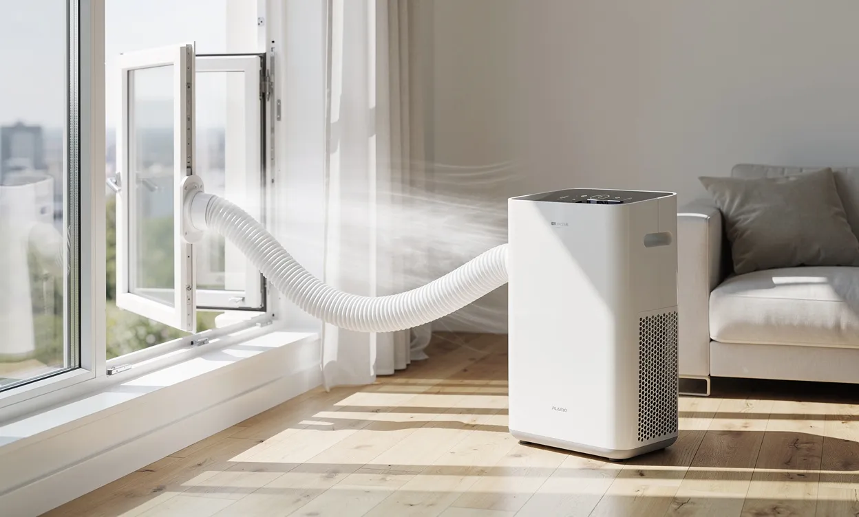 Un climatiseur mobile avec son tuyau d’évacuation dirigé vers une fenêtre ouverte dans une pièce moderne et lumineuse où la lumière du soleil entre.