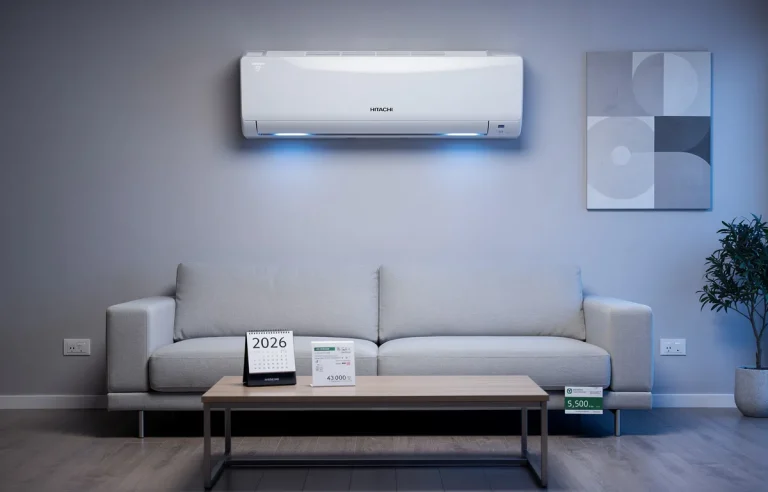 Un climatiseur Hitachi est fixé au mur d’un salon moderne avec une lumière bleutée, des étiquettes de prix discrètes et un calendrier de 2026 sur une table voisine.