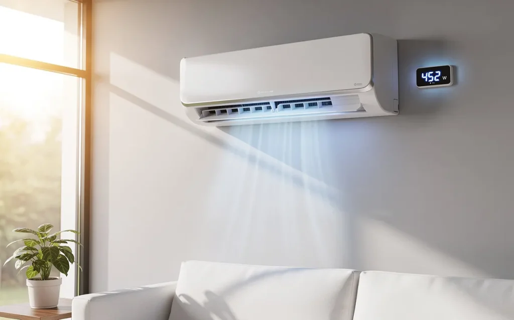 Un climatiseur moderne fixé au mur d’un salon lumineux affiche sa consommation d’énergie sur un écran digital proche, baignant la pièce d’une lumière bleutée.