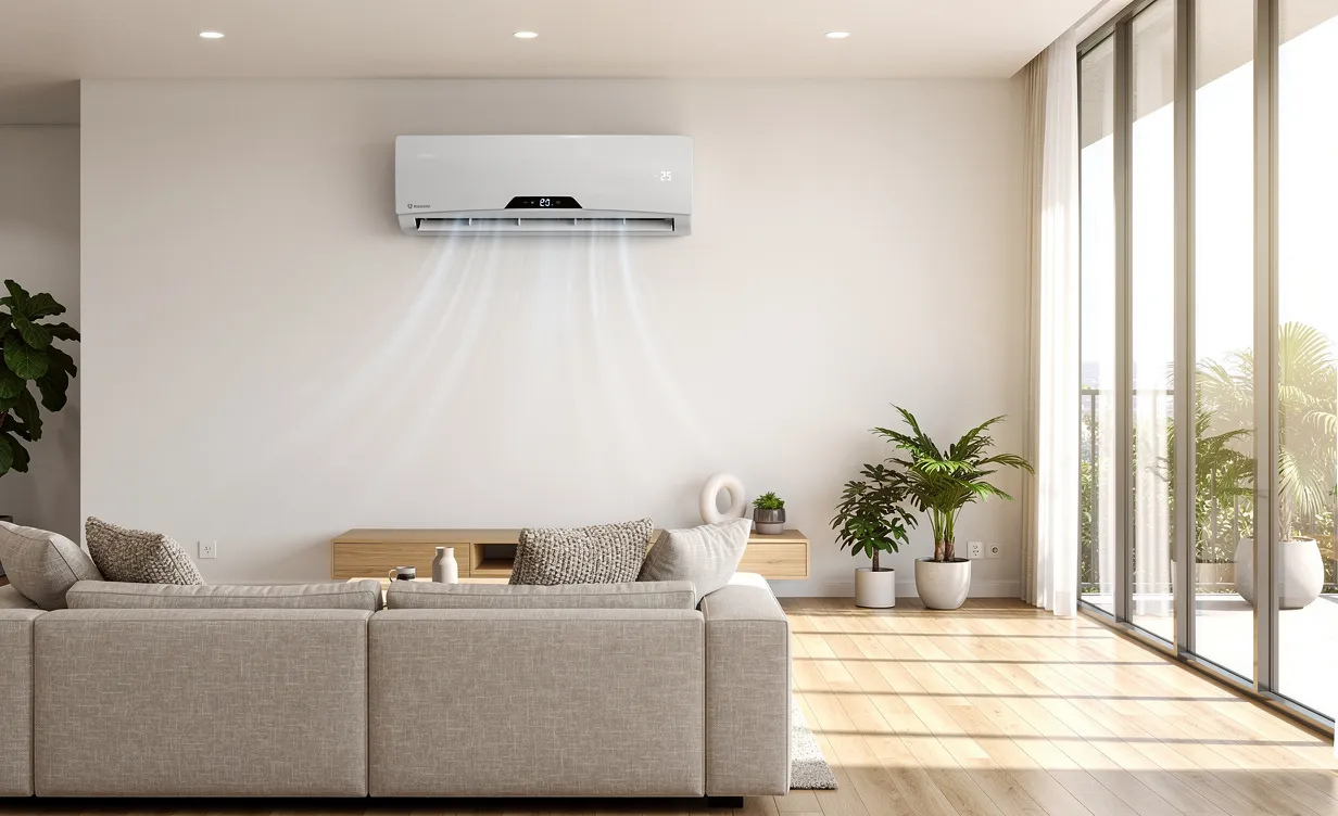 Un climatiseur moderne de 5 kW est installé sur le mur d’un salon lumineux et spacieux, baigné de lumière naturelle par de grandes fenêtres.