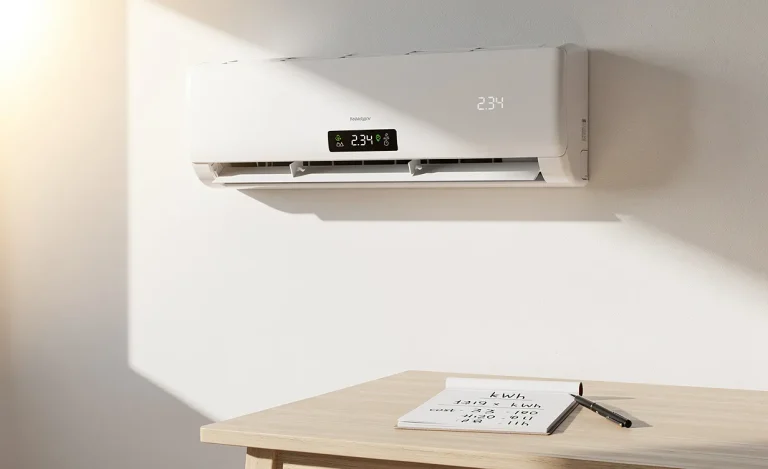 Climatiseur moderne fixé sur un mur ensoleillé, affichant la consommation en kilowattheures, avec un carnet de calculs sur une table voisine.