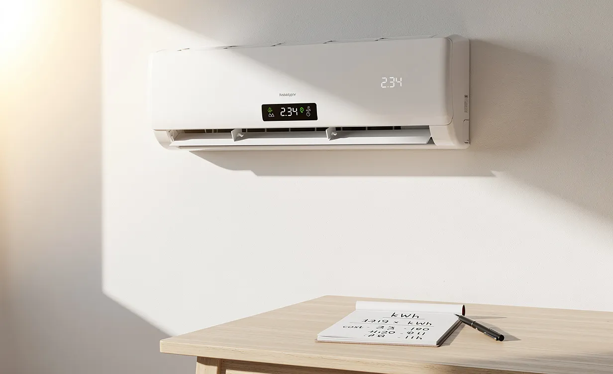 Climatiseur moderne fixé sur un mur ensoleillé, affichant la consommation en kilowattheures, avec un carnet de calculs sur une table voisine.