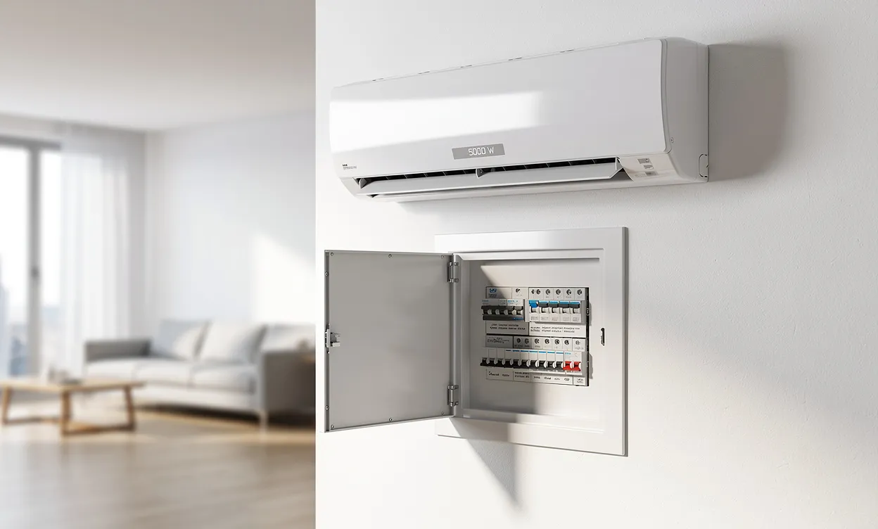 Un climatiseur blanc mural de 5000 W est installé au-dessus d’un panneau électrique moderne dans un salon lumineux et minimaliste.