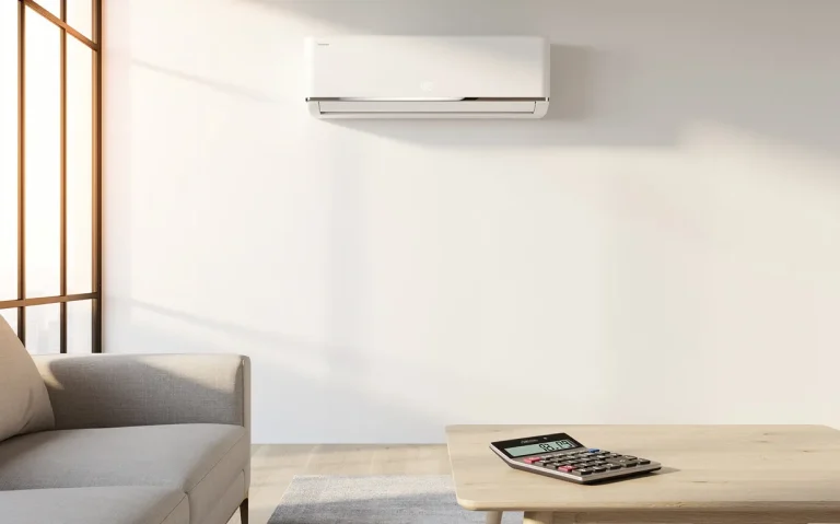 Un climatiseur moderne est fixé dans un salon minimaliste baigné de soleil, avec une calculatrice budgétaire numérique posée sur une table.