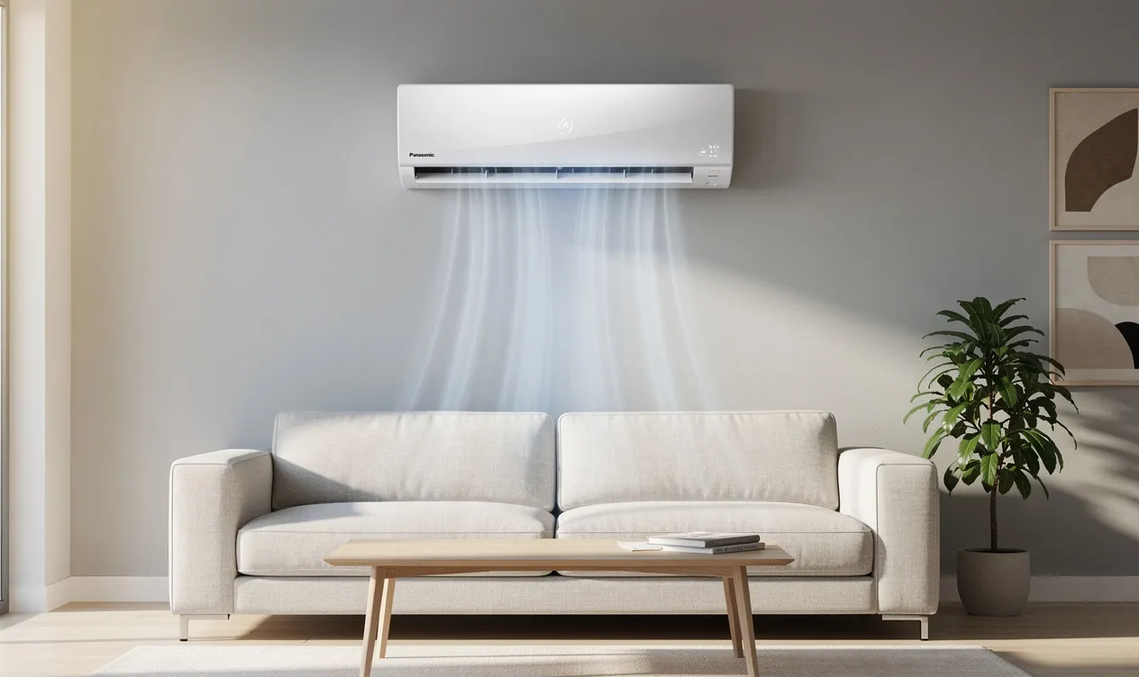 Un climatiseur Panasonic est fixé au mur d’un salon moderne baigné de lumière avec une décoration minimaliste et un souffle d’air frais.