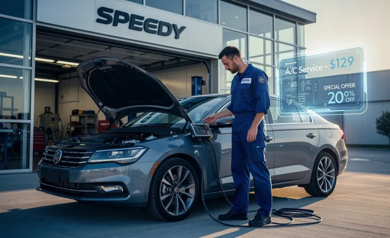 Un mécanicien contrôle la climatisation d’une voiture moderne devant un garage Speedy, un affichage numérique du prix flottant à proximité.