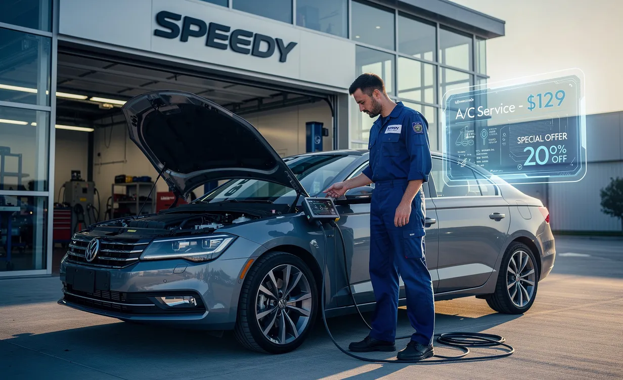 Un mécanicien contrôle la climatisation d’une voiture moderne devant un garage Speedy, un affichage numérique du prix flottant à proximité.