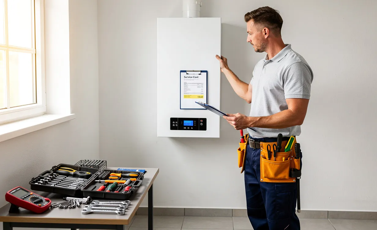 Un technicien inspecte une chaudière à gaz moderne dans une buanderie ordonnée, avec un clipboard affichant le coût et des outils rangés à proximité.