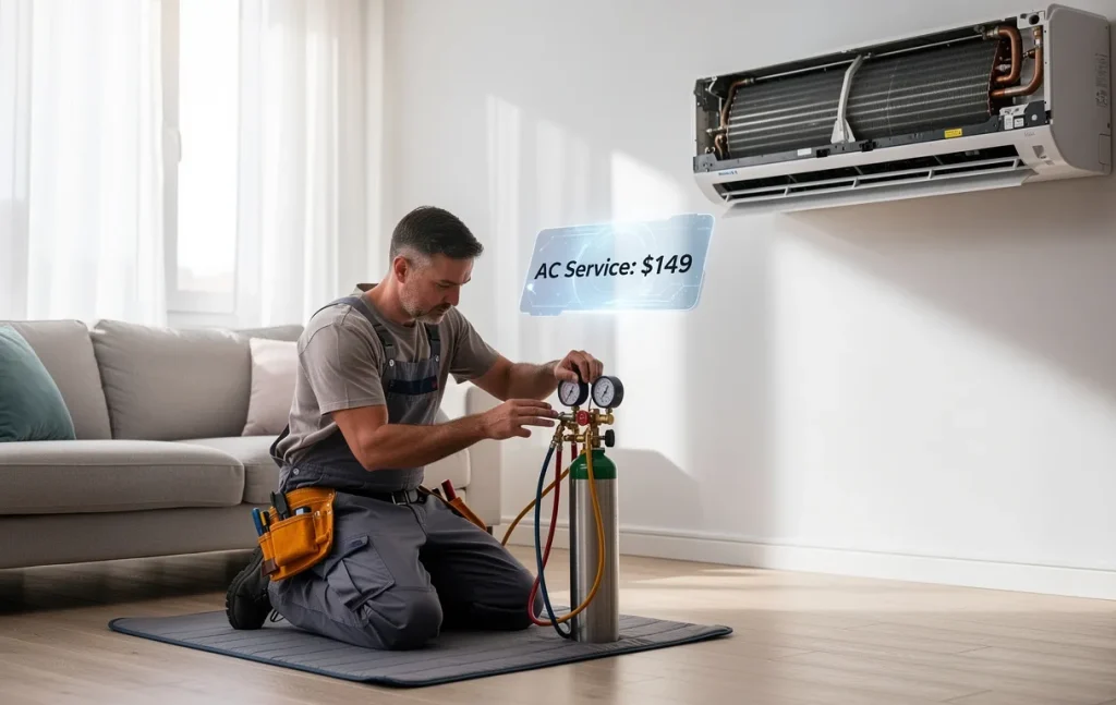 Un technicien recharge le fluide frigorigène d’un climatiseur moderne dans un salon lumineux, avec une étiquette de prix visible.