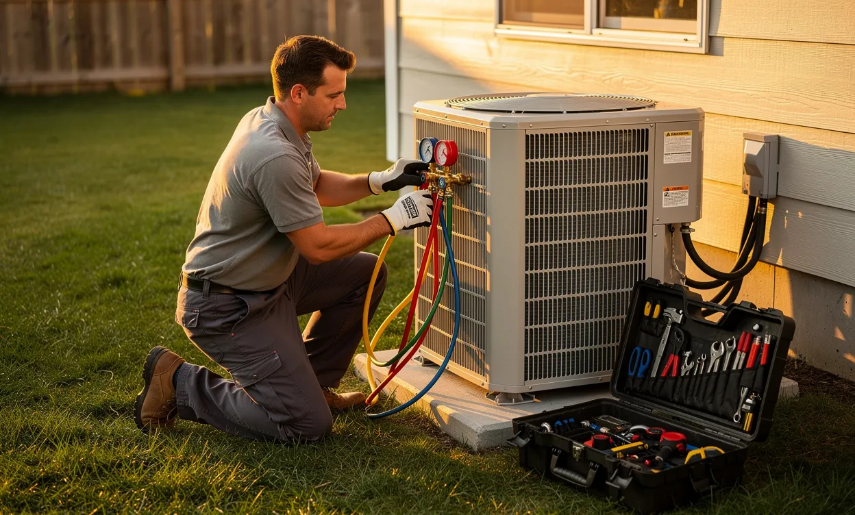Un homme accroupi à côté d’une unité de climatisation extérieure relâche de l’air manuellement en utilisant des tuyaux, avec une boîte à outils posée à ses côtés.