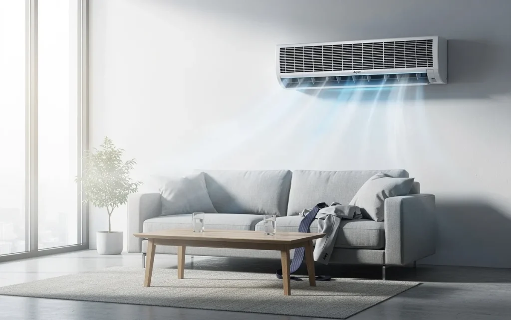 Un climatiseur Dyson moderne souffle doucement de l’air frais dans un salon minimaliste où une légère gêne se perçoit malgré la lumière naturelle.