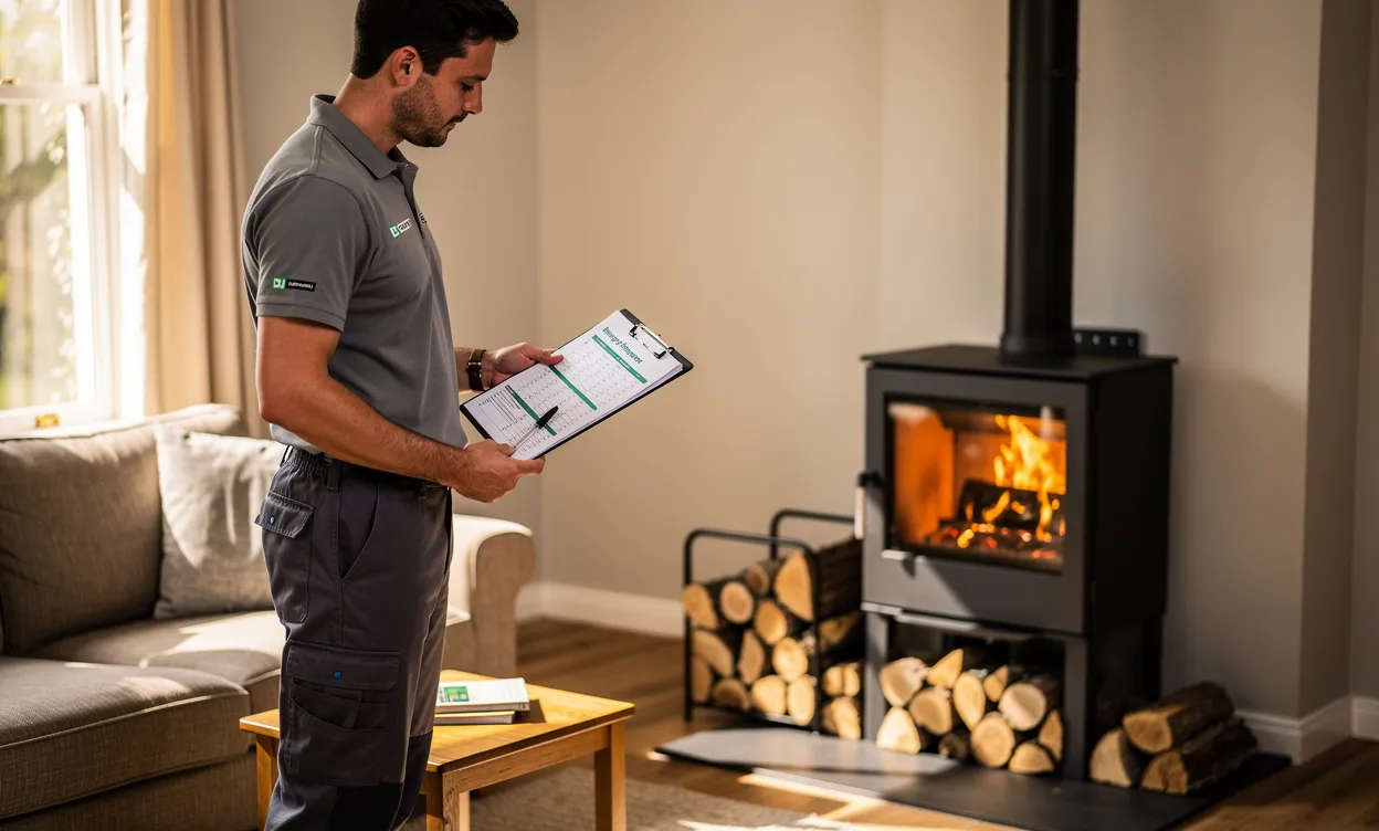 Un technicien examine un poêle à bois moderne dans un salon chaleureux, tenant un rapport d’efficacité énergétique, avec des bûches empilées et la lumière du jour entrant par la fenêtre.