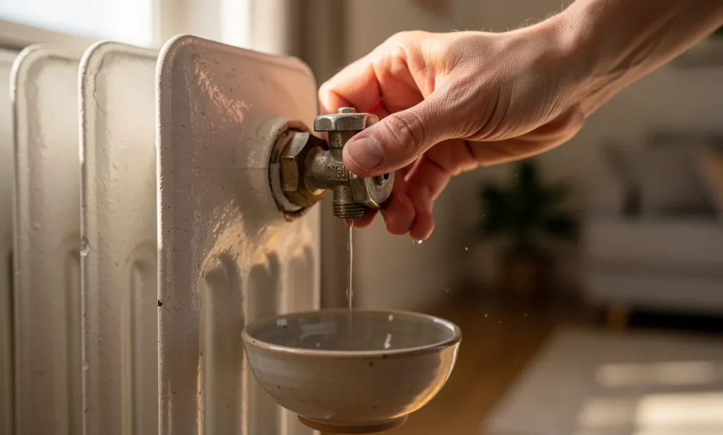 Une main ajuste la vanne d’un radiateur blanc dans un salon lumineux, un bol recueille de l’eau en dessous.