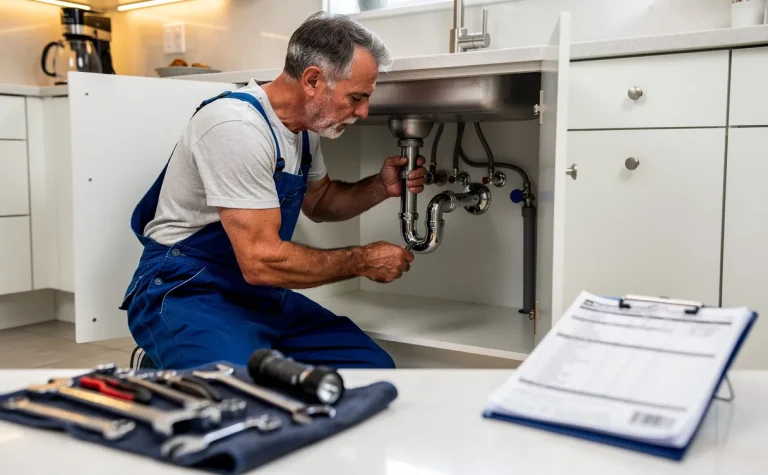 Un plombier en bleu inspecte des tuyaux sous un évier moderne avec des outils métalliques et des factures ordonnées à côté.