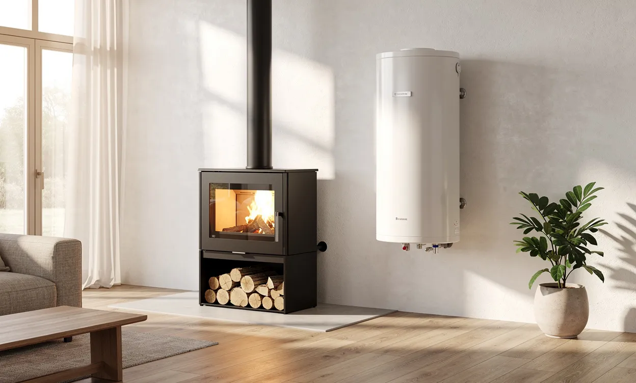 Poêle à bois moderne et chauffe-eau élégant côte à côte dans un salon français lumineux et minimaliste.